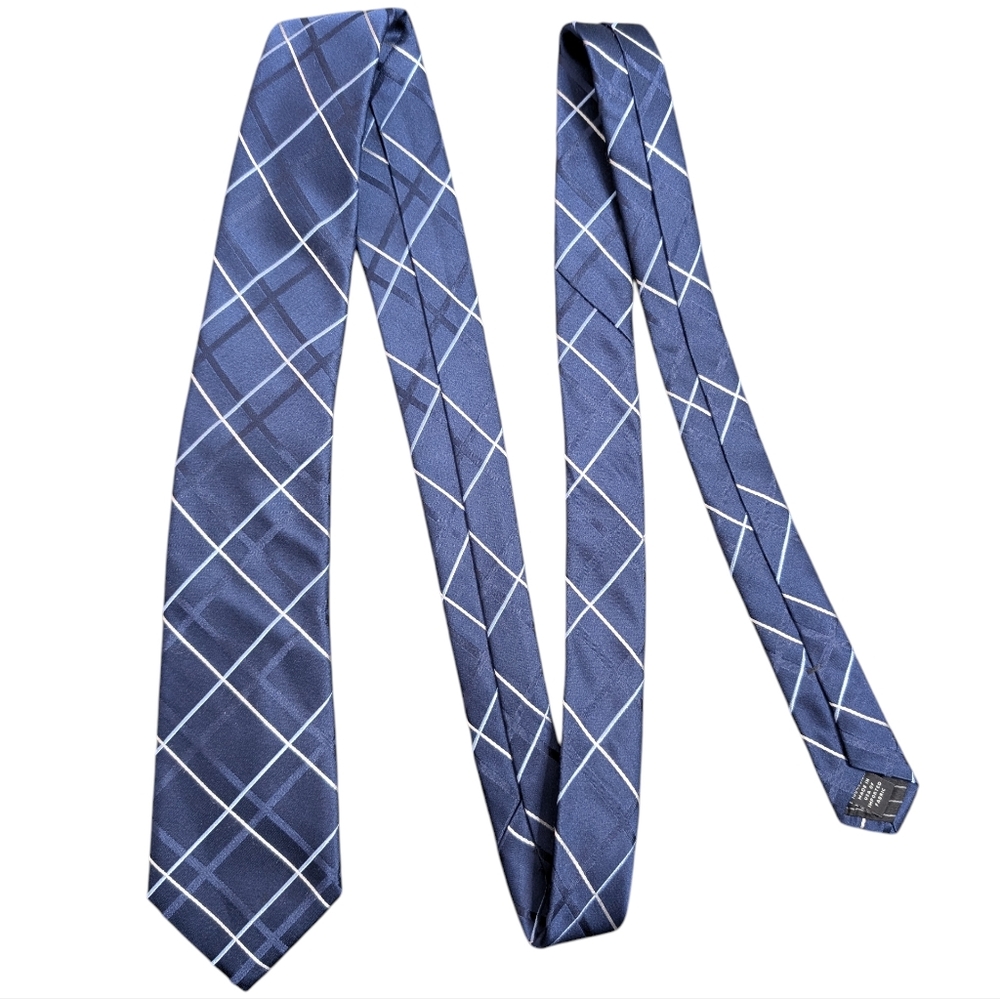 Express Design Studio Men's Blue Gray Plaid Design 100% Silk Casual Work Tie